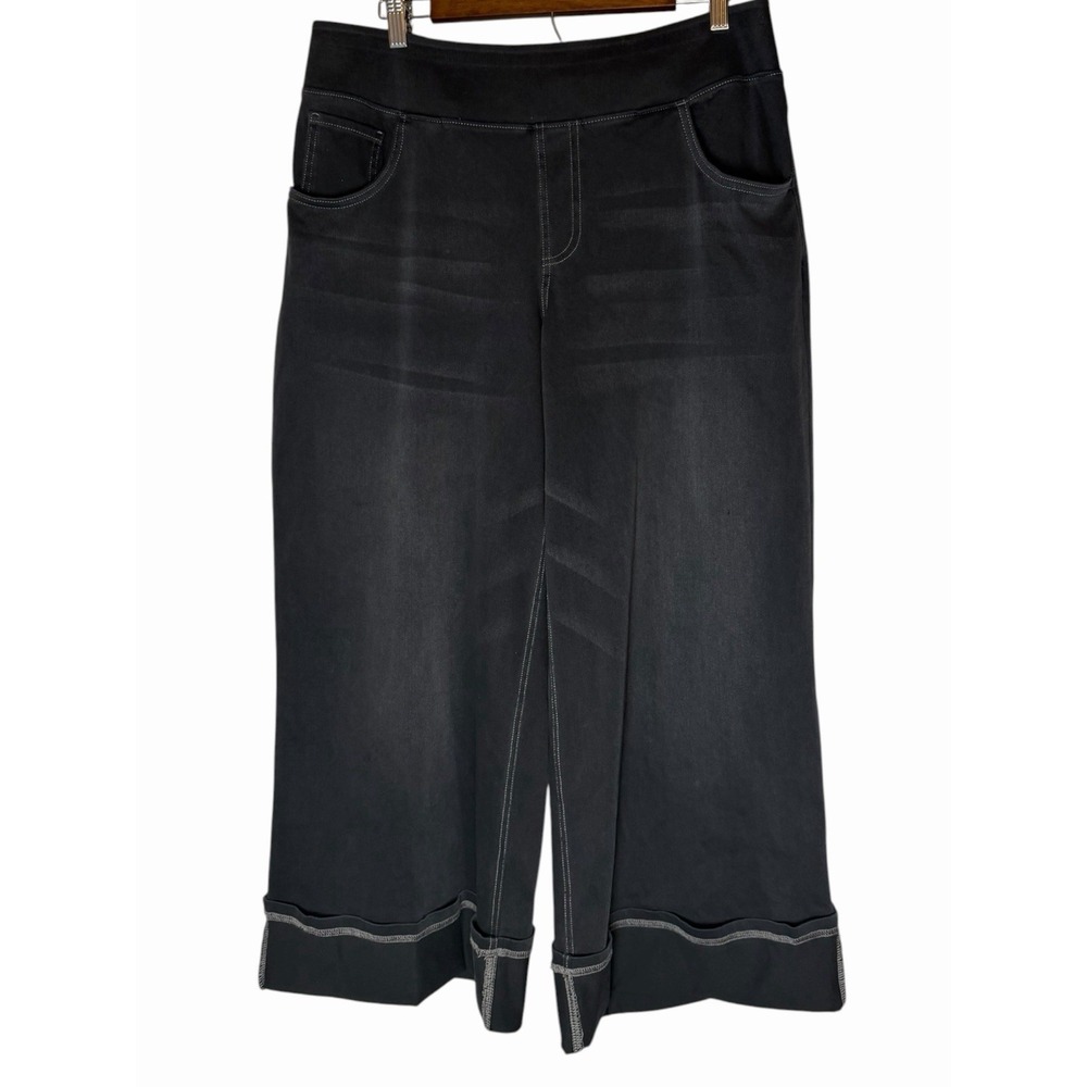 Halara Washed Black Wide Leg Cropped Pants Cuffed Denim Look Pull On 1X Regular